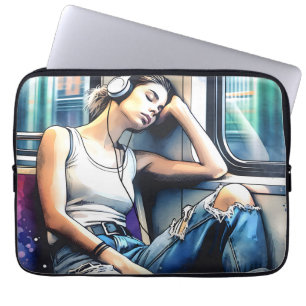 Kvinna som sover på tunnelbanan medan hon lyssnar laptop fodral