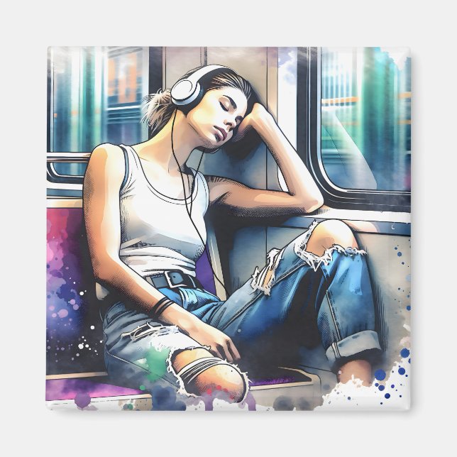 Kvinna som sover på tunnelbanan medan hon lyssnar  magnet (Framsidan)