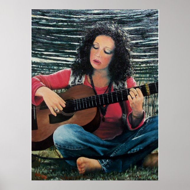 Kvinna spelar musik med akustisk gitarr poster (Framsidan)