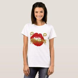 Kvinna THICKALICIOUS-guld & röd läpparWhitTshirt T-shirt
