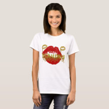 Kvinna THICKALICIOUS-guld & röd läpparWhitTshirt