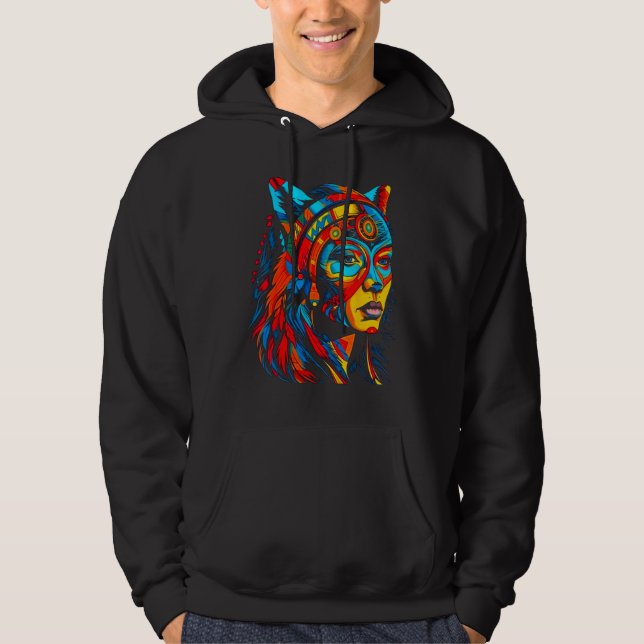 Kvinna Varg Huvud Inföding Kreativ Hoodie (Framsida)