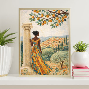 Kvinna vid kolonn med citrus träd illustration poster