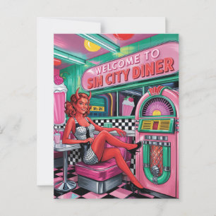 Kvinna vid Sin City Retro Middag Stil Bok Vykort