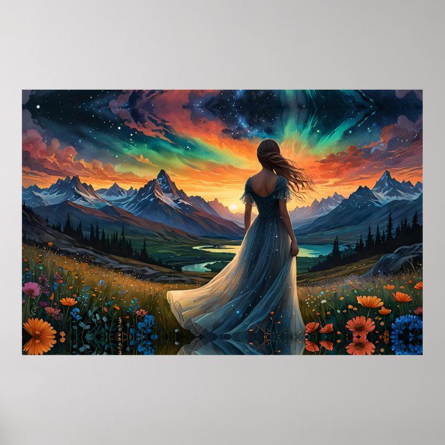 Kvinna vid Sunrise Blommigt fält över berget Sjö Poster (Framsidan)