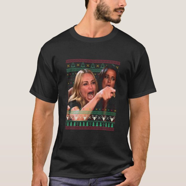 Kvinna Yelling at a cat Ugly jul Sweater Memmer T Shirt (Framsida)