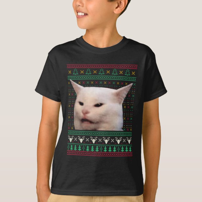 Kvinna Yelling at a cat Ugly X mas Sweaters Funny  T Shirt (Framsida)