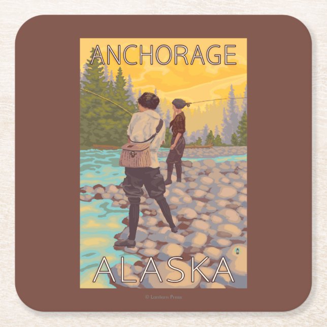 Kvinnaflygfiske - ankring, Alaska Underlägg Papper Kvadrat (Framsidan)