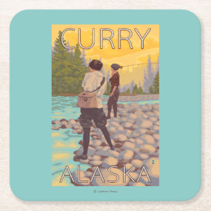 Kvinnaflygfiske - curry, Alaska Underlägg Papper Kvadrat