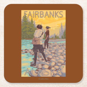 Kvinnaflygfiske - Fairbanks, Alaska Underlägg Papper Kvadrat