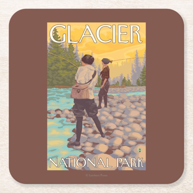 Kvinnaflygfiske - glaciärnationalpark, MT Underlägg Papper Kvadrat (Framsidan)