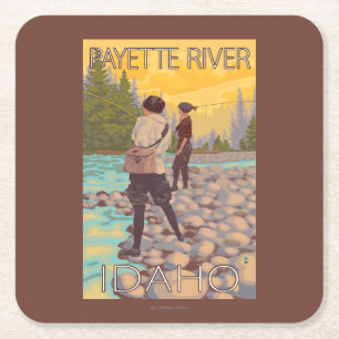 Kvinnaflygfiske - Payette flod, Idaho Underlägg Papper Kvadrat
