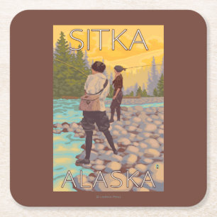 Kvinnaflygfiske - Sitka, Alaska Underlägg Papper Kvadrat
