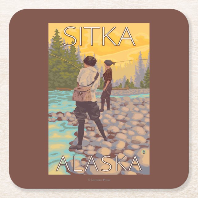 Kvinnaflygfiske - Sitka, Alaska Underlägg Papper Kvadrat (Framsidan)