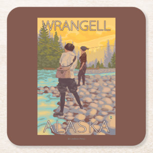 Kvinnaflygfiske - Wrangell, Alaska Underlägg Papper Kvadrat