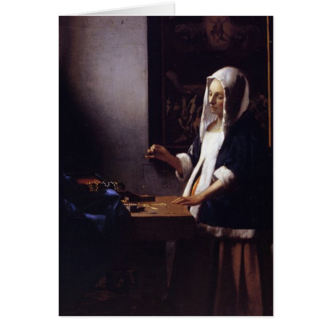 Kvinnainnehav en balansera hälsningskort (Framsidan)