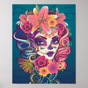 Kvinnan av sockerskalle på blomman krona porträtt poster