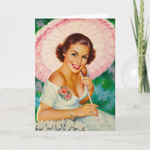 Kvinnan med ett rosa paraply, födelsedag kort