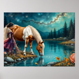 Kvinnans ande och en palominohäst vid vatten poster