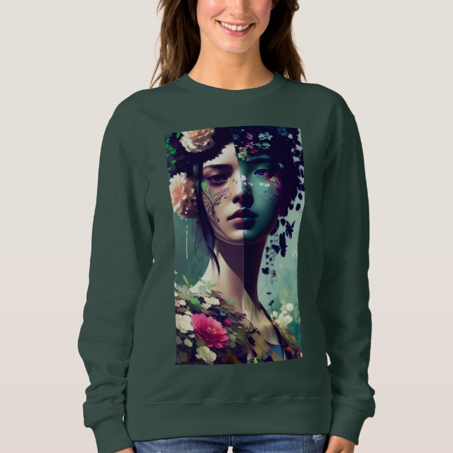 Kvinnans Ansikte Blommigt Collage T Shirt (Framsida)