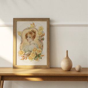 Kvinnans Porträtt inramad med Gul ros Poster