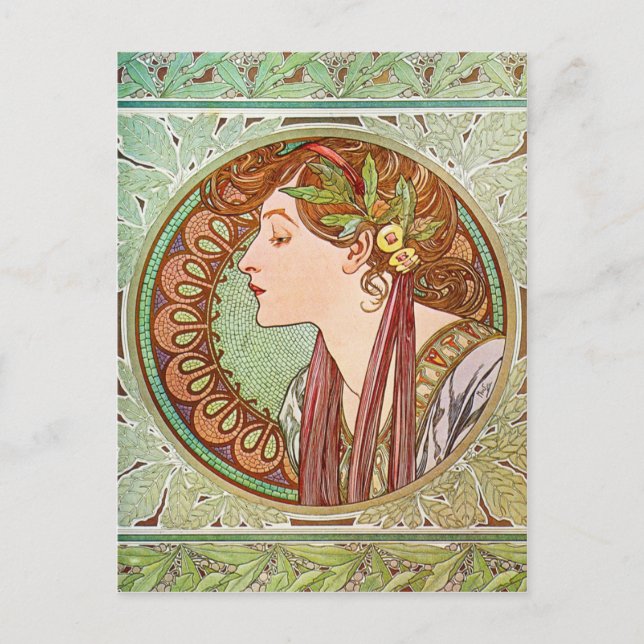 Kvinnans profil, Alphonse Mucha Vykort (Framsida)