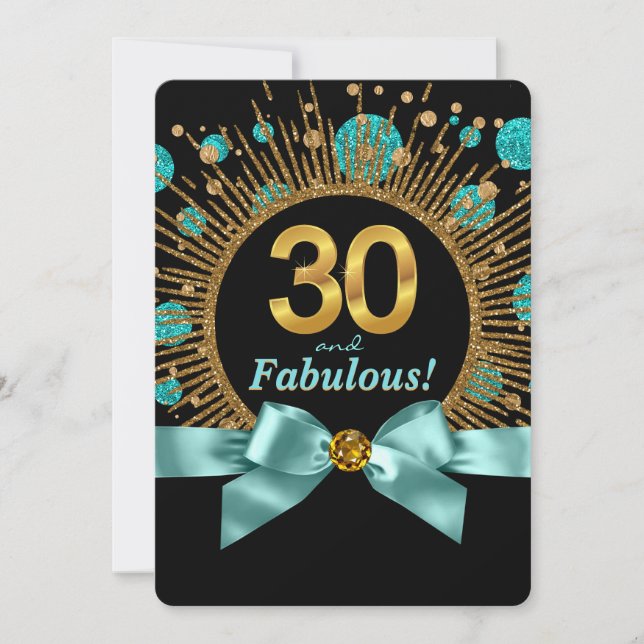 Kvinnas 30-årsdag Tealblå och guldglitter Inbjudningar (Framsida)