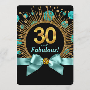 Kvinnas 30-årsdag Tealblå och Guldglitter Inbjudningar