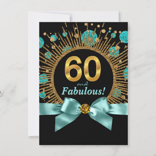 Kvinnas 60-årsdag Tealblå och Guld Inbjudningar (Framsida)