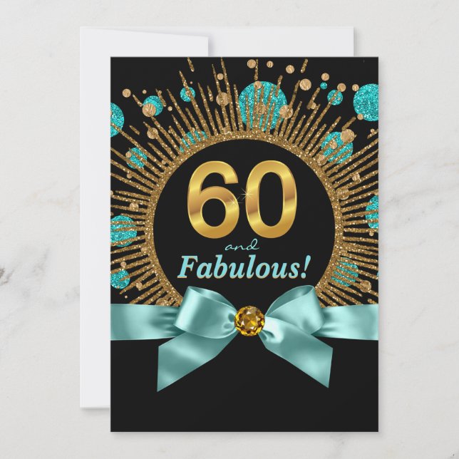 Kvinnas 60-årsdag Tealblå och Guldglitter Inbjudningar (Framsida)