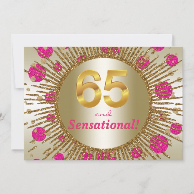 Kvinnas 65-årsfest Fuchsia Rosa Guld Inbjudningar (Framsida)