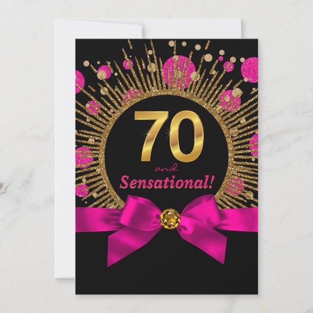 Kvinnas 70-årsfest Fuchsia och Guld Inbjudningar (Framsida)