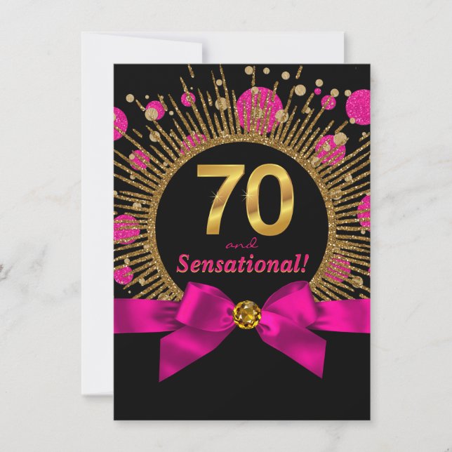 Kvinnas 70-årsfest Hot Pink och Guld Inbjudningar (Framsida)