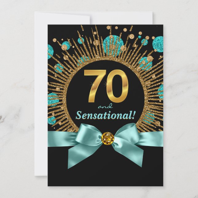 Kvinnas 70-årsfest Tealblå och Guld Inbjudningar (Framsida)