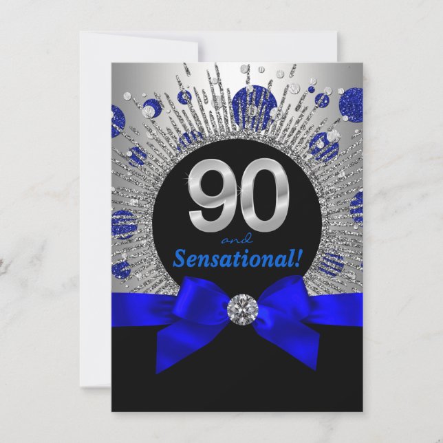 Kvinnas 90-årsfirande Royal Blue och Silver Inbjudningar (Framsida)