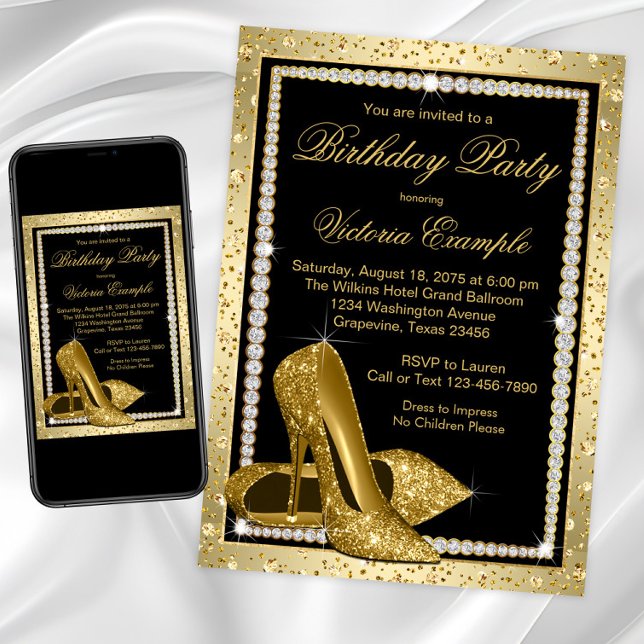 Kvinnas Eleganta Svarta Guld Höga Klacksko Födelse Inbjudningar (Womans black and gold high heel shoe birthday party invitation. Gold shoes diamonds birthday invite.)