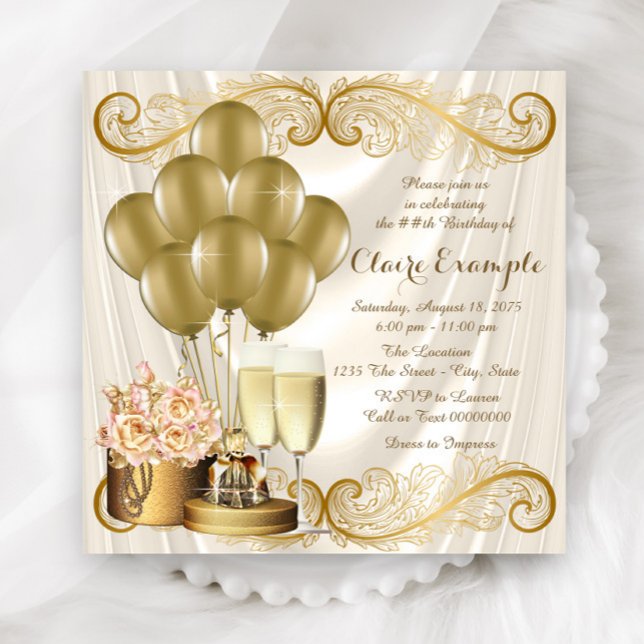 Kvinnas Elfenbens- och Guld Födelsedagsfirande Inbjudningar (Beautiful ivory and gold any number birthday and event invitation. Simply add your event details.)