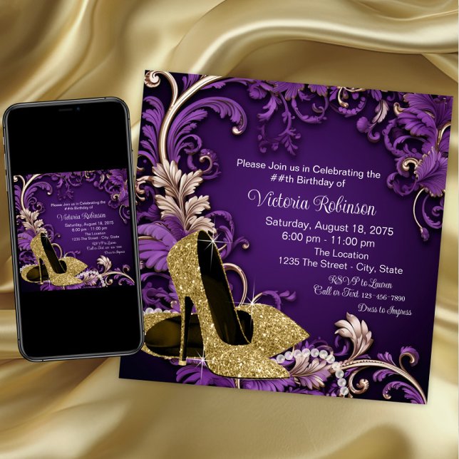 Kvinnas födelsedagsfest i lila och guld sko inbjudningar (Purple gold shoe any event invitation. Instant download and printed invitations available.)