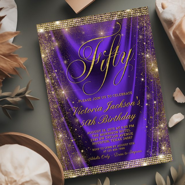 Kvinnas Glam Lila Guld 50-årsdag Inbjudningar (Need a different year? Simply send us a message.)