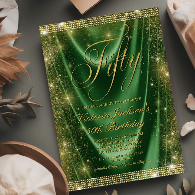 Kvinnas glamourösa smaragdgröna guld 50-årsdag inbjudningar (Need a different number? Simple send us a message)