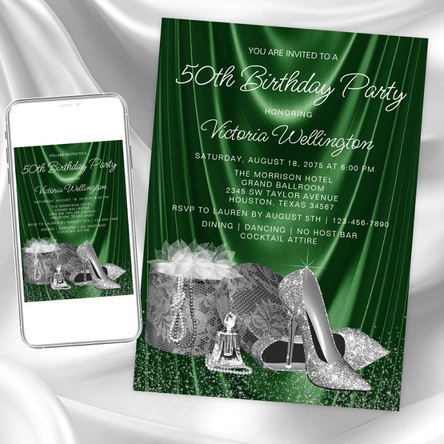 Kvinnas gröna silver sko Alla nummer födelsedag Inbjudningar (Womans emerald green silver any event invitation. Instant download & printed invitations available.)