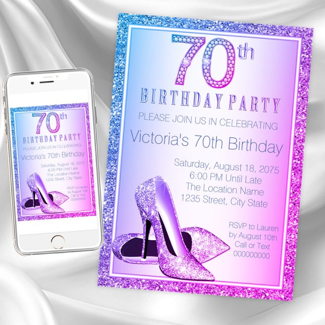 Kvinnas högklackade sko 70-årsdag inbjudningar (Womans 70th birthday party invitation. Instant download and printed invitations available.)