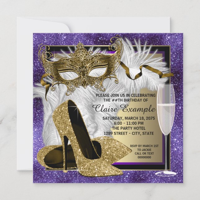 Kvinnas lila och guld maskeradfest inbjudningar (Framsida)