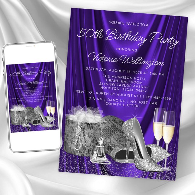 Kvinnas lila silver sko champagne födelsedag inbjudningar (Womans purple silver any birthday invitation. Instant download and printed invitations available.)
