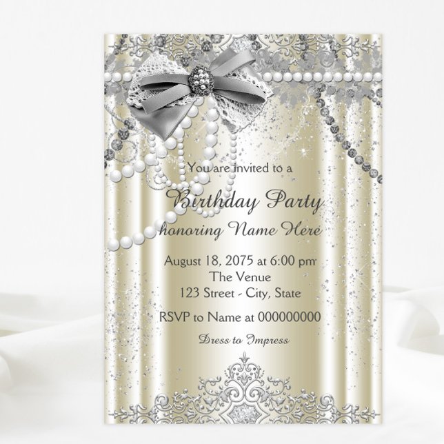 Kvinnas Pärlemor Födelsedagsfirande Inbjudningar (Elegant any event or party invitation. All of the text can be changed.)