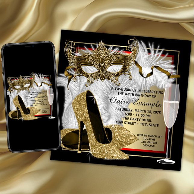 Kvinnas röd och guld maskeradfest inbjudningar (Womans masquerade birthday party invitation with elegant mask, shoes, feathers and champagne glass.)