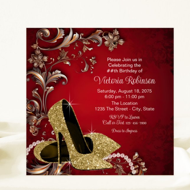 Kvinnas röda guldsko födelsedagsfest inbjudningar (Womans red gold shoe any number or event invitation. All text can be changed.)