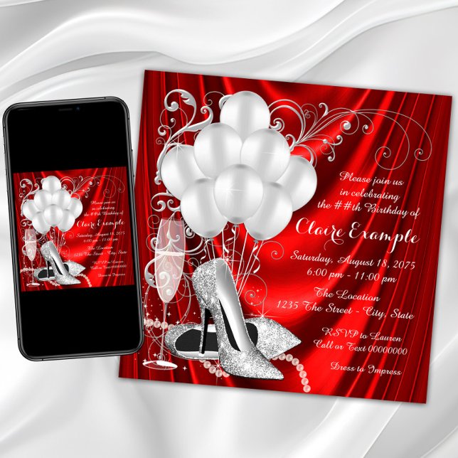 Kvinnas röda och silver födelsedagsfest Lyx Inbjudningar (Womans red and silver birthday party invitation with pretty silver high heel shoes, pearls. Any #.)