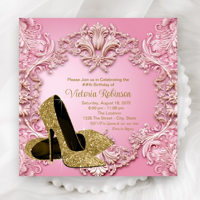 Kvinnas Röda Rosa Guldsko Födelsedagsfest Inbjudningar (Elegant pink gold shoe any number birthday and event invitation.)