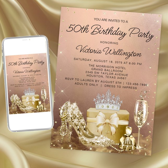 Kvinnas Rosa Guld Valfri Nummer Födelsedagsfirande Inbjudningar (Womans rose gold any number birthday invitation. Instant download and printed invitations available.)